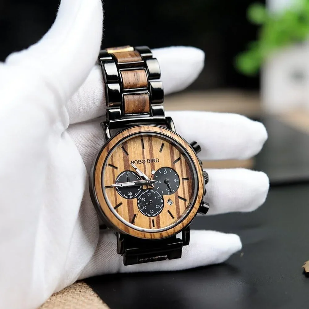 🆕Bobo Bird Quartz Men Black Wood & Stainless Steel Combined Chronograph Watches